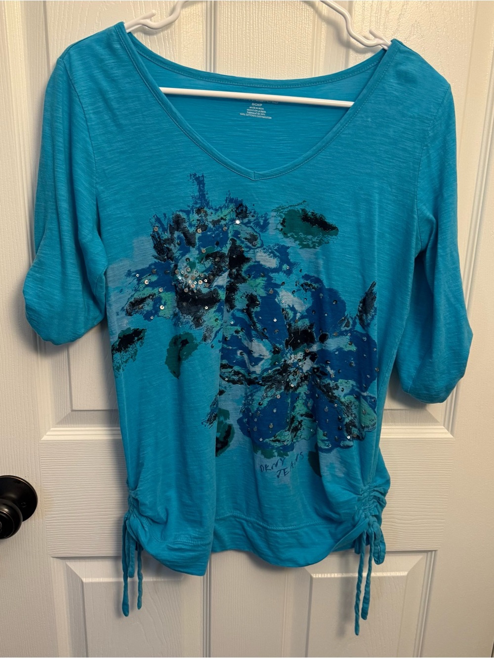 DKNY Jeans Blue Floral Sequin Ruched Side 3/4 Sleeve Top